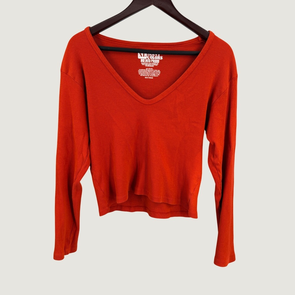 Big Bud Press Long Sleeve V-Neck Top Size XL Orange Red Ribbed Organic Cotton